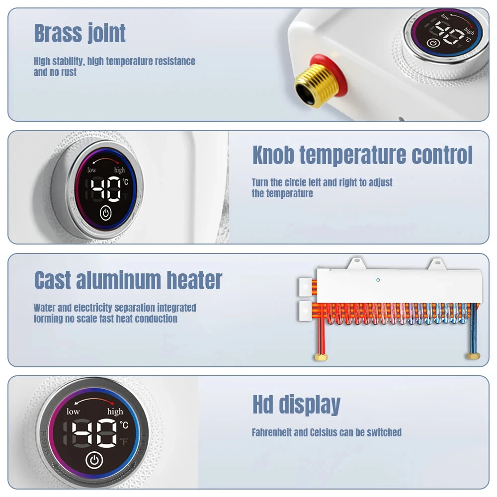 (image for) 4000W / 6500W Instantaneous Water Heater Knob Wall Mounted Electric Heaters Variable Frequency Instant Knob Electric Water Heater for Bathroom Shower Kitchen